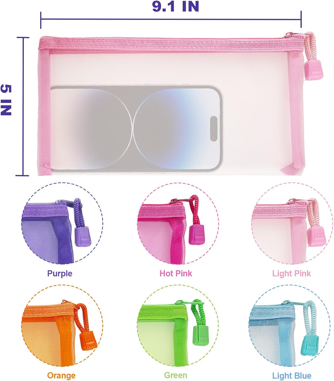 Mesh Pouches(6 Pack), Mesh Bags with Zipper Nylon Makeup Pouches Bag Cosmetic Pouch Travel Purse Organizer Insert Diaper Inside Bag Organizers Home Organizing Size See Through Cute Colors - Image 2