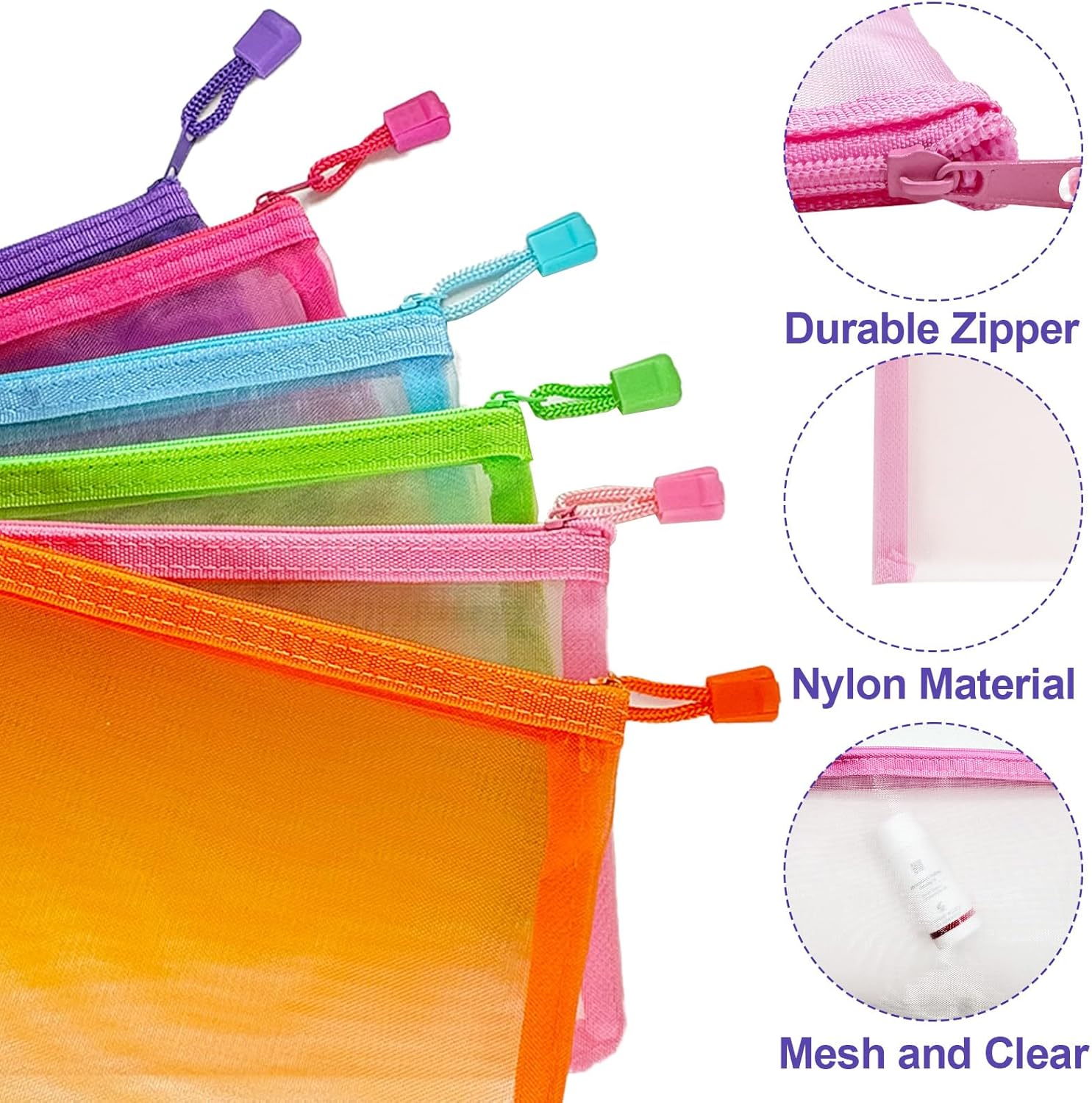 Mesh Pouches(6 Pack), Mesh Bags with Zipper Nylon Makeup Pouches Bag Cosmetic Pouch Travel Purse Organizer Insert Diaper Inside Bag Organizers Home Organizing Size See Through Cute Colors - Image 4