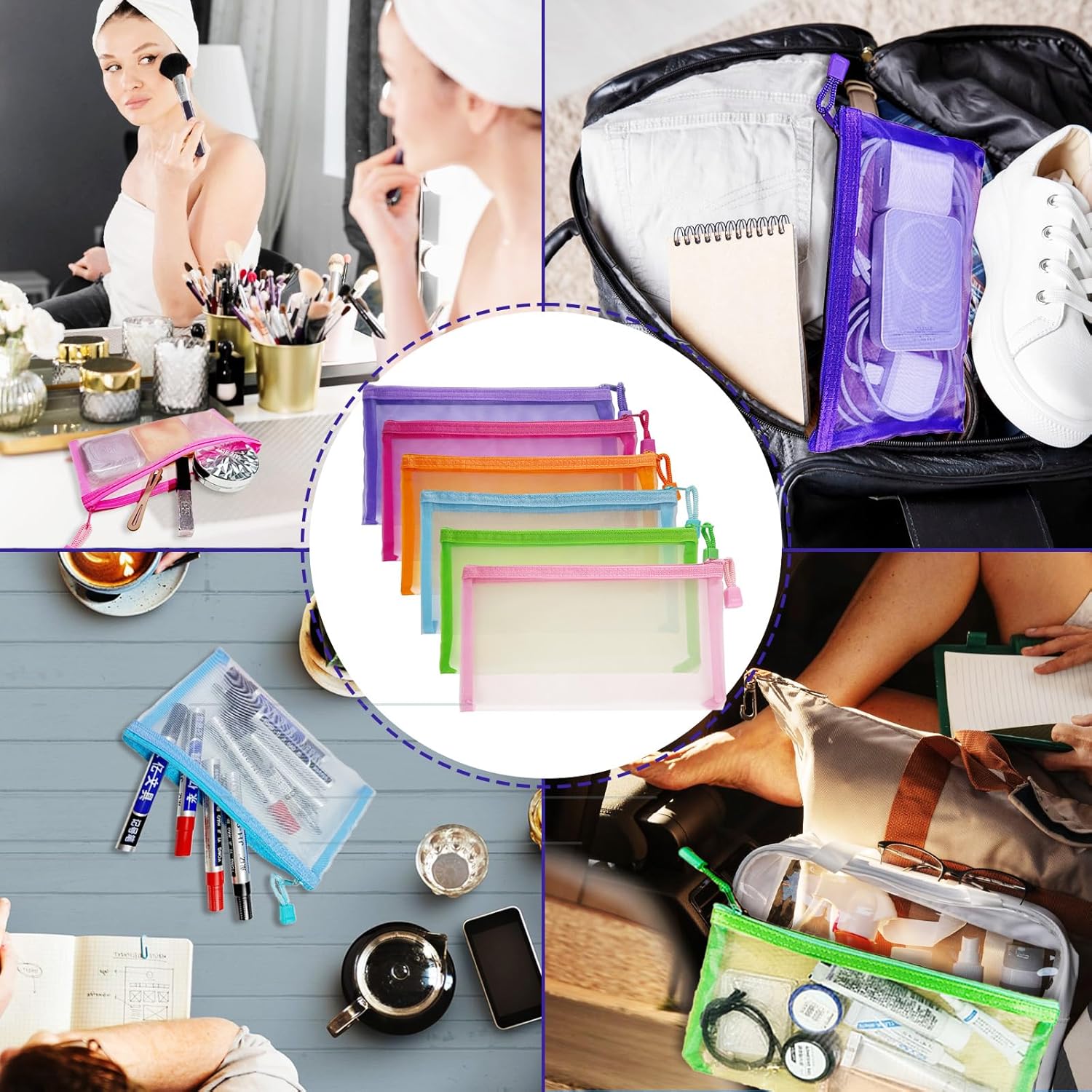 Mesh Pouches(6 Pack), Mesh Bags with Zipper Nylon Makeup Pouches Bag Cosmetic Pouch Travel Purse Organizer Insert Diaper Inside Bag Organizers Home Organizing Size See Through Cute Colors - Image 8