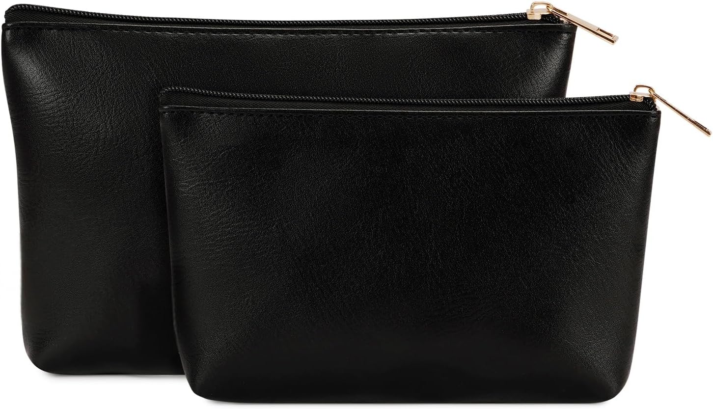 Wandering Nature Makeup Bag Small Cosmetic Bag for Purse 2 Pack Small Make Up Pouch Vegan Leather Cute Travel Pouch with Zipper for Women, Black