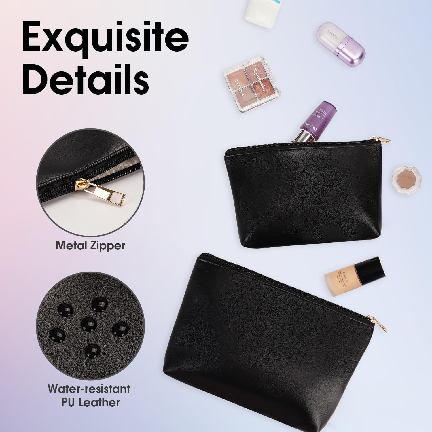 Wandering Nature Makeup Bag Small Cosmetic Bag for Purse 2 Pack Small Make Up Pouch Vegan Leather Cute Travel Pouch with Zipper for Women, Black - Image 3