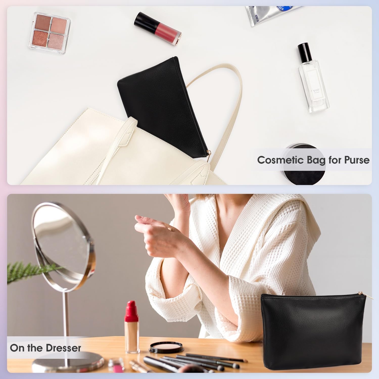 Wandering Nature Makeup Bag Small Cosmetic Bag for Purse 2 Pack Small Make Up Pouch Vegan Leather Cute Travel Pouch with Zipper for Women, Black - Image 4